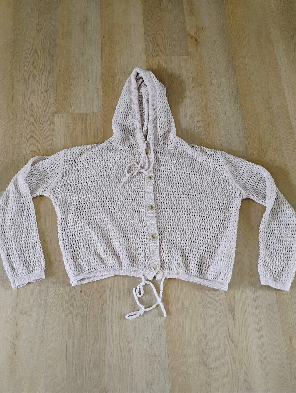 143 Story Cream Cropped Hooded Boho Open-Knit Sweater